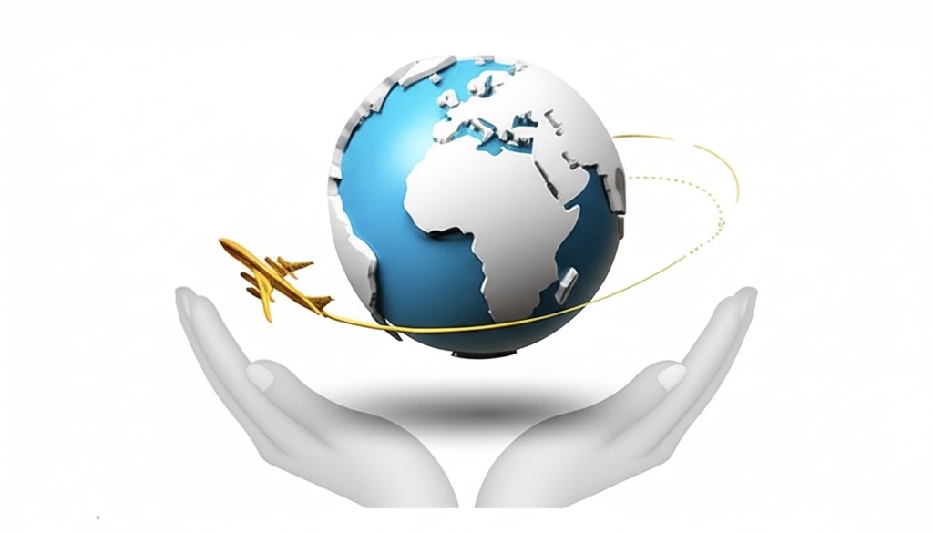 3D globe with golden airplane circling around it, supported by protective hands, representing global humanitarian aviation missions