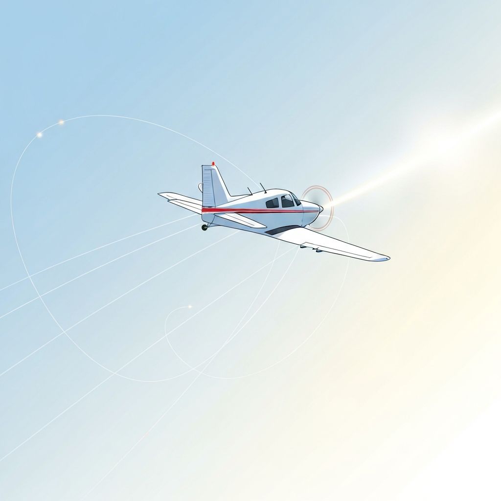 Silhouette of aircraft flying toward bright horizon with abstract connection lines symbolizing aviation, compassion, and reach